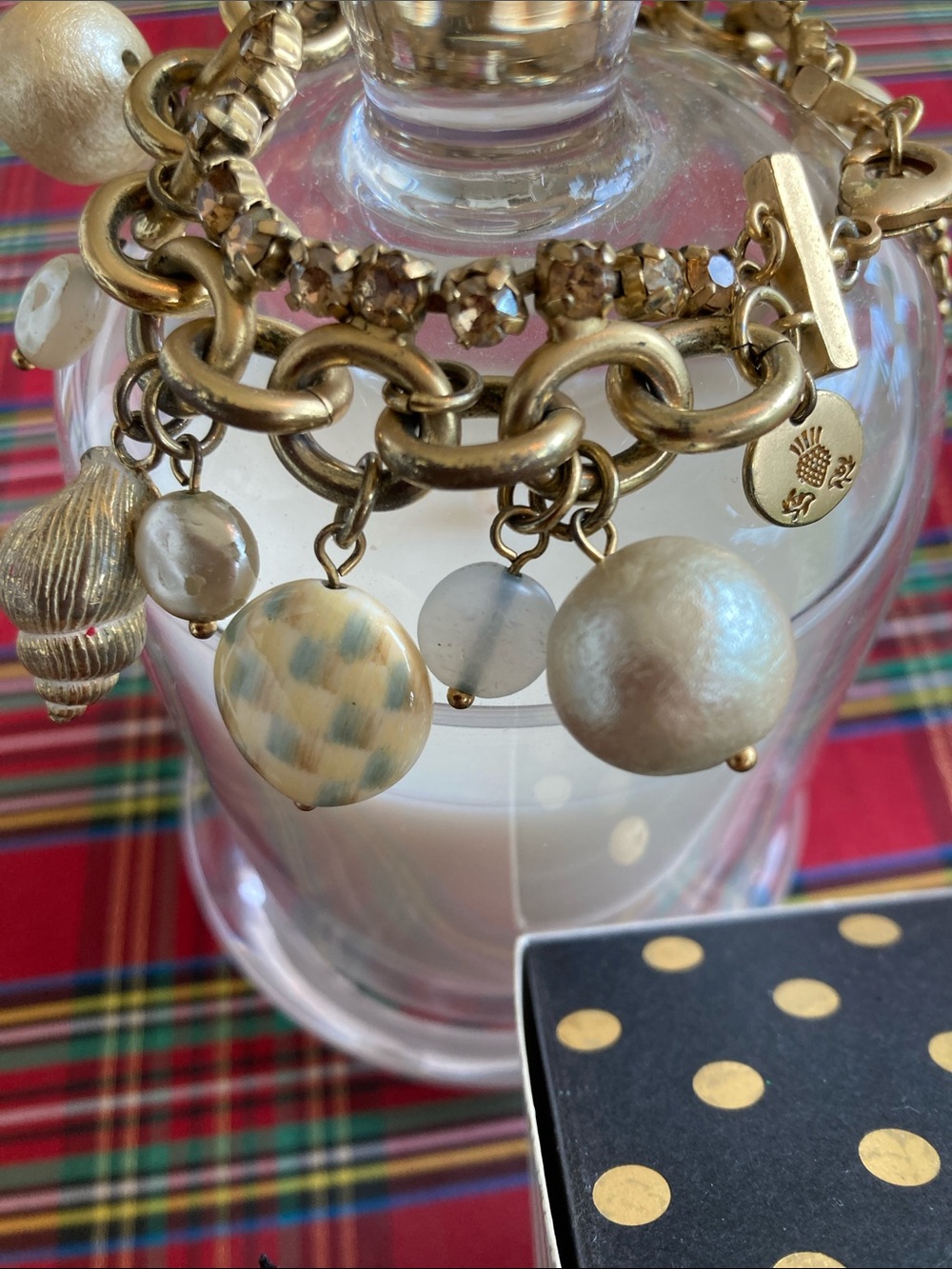 Mackenzie Childs Gold Tone Charm Bracelet with Pearlescent and Shell Charms